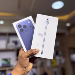 Two iPhone 17 pro max held in air blue